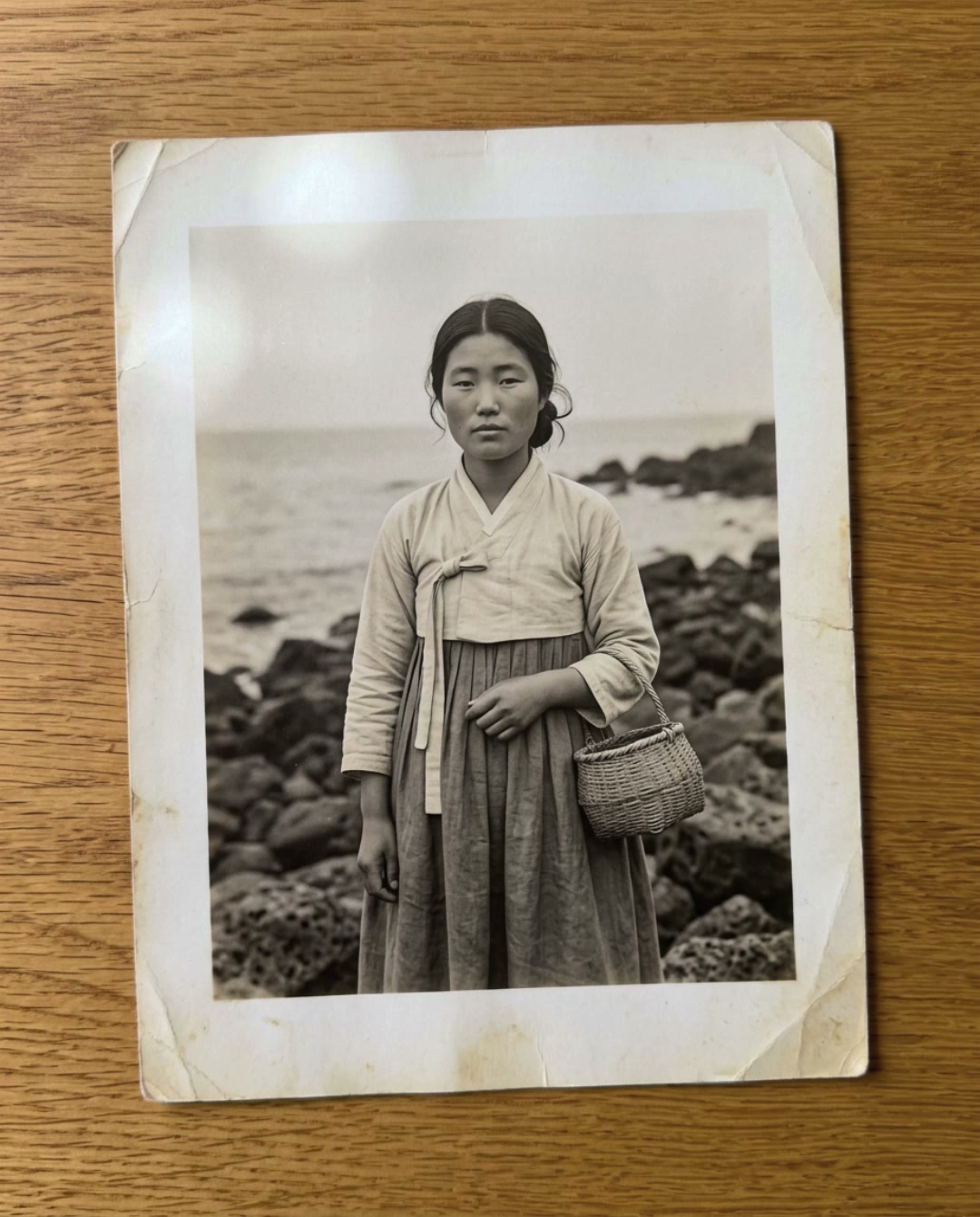 Halmeoni Soon-ja w hanboku z koszem na skalistym wybrzeżu Jeju, fotografia archiwalna z lat 60.
